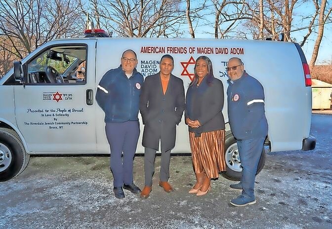 Congessman Ritchie Torres and Bronx Borough President Vanessa Gibson alongside American Friends of Magen David Adom staff at the Decdication ceremony for an ambulance to be shipped to Israel.