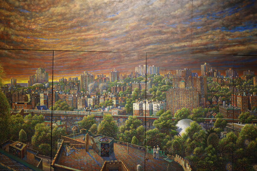 Over time, Daniel Hauben began painting on wood panels, expanding beyond the tradition of canvas and capturing entire cityscapes, like the one pictured of Kingsbridge, as seen from the balcony of his apartment along Fort Independence where he grew up and now lives with his wife, Judy.
