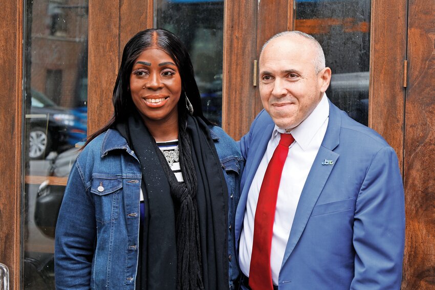 Bronx Borough President Vanessa Gibson alongside CEO of Jewish Community Relations Council of New York Mark Treyger outside of S&amp;S Bakery.