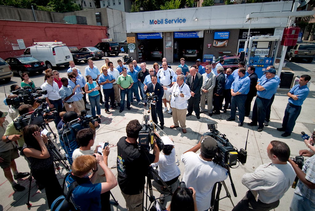 Pedro Espada holds a press conference in front of the Broadway Mobil station in North Riverdale on August 5.