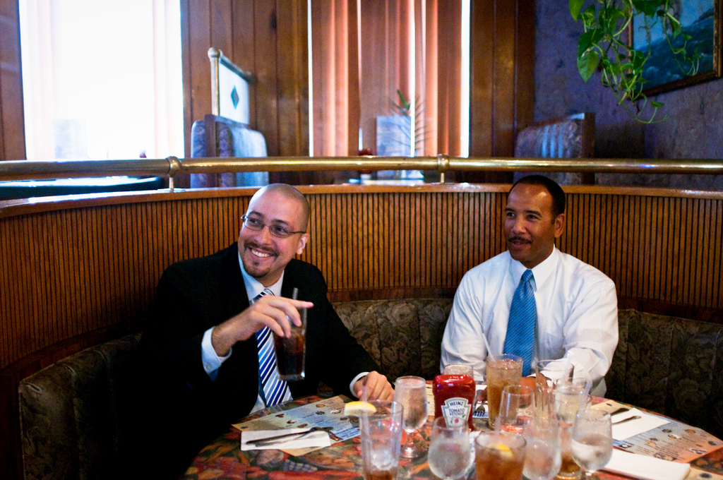 Bronx Borough President Ruben Diaz Jr., right, and State Senate candidate Gustavo Rivera sat down for lunch at the Land and Sea Restaurant in Kingsbridge on Monday afternoon. While Mr. Diaz would not officially endorse Mr. Rivera, he expressed that he would not be endorsing the incumbent, State Senator Pedro Espada Jr.