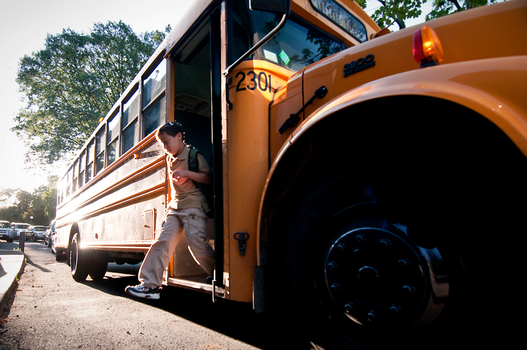 A school bus arrives.