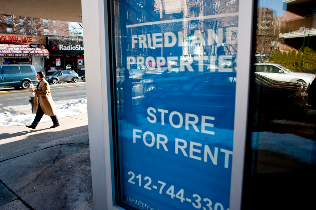 A Friedland Properties Rent’ sign on Johnson Avenue and West 236th Street hangs in a vacant storefront.