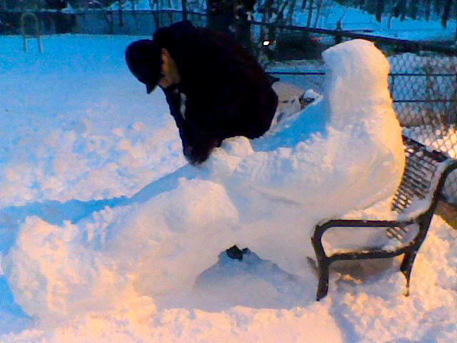 Julia Salleres captured her husband, Joe, and son, hard at work on a snow sculpture on Jan. 27.