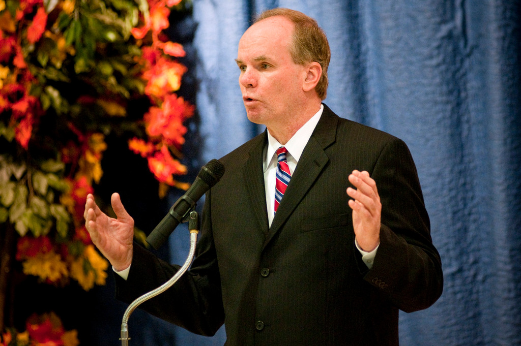 Recently ousted Bon Scours New York Health System CEO James Higggins speaks during a 2009 public forum at the Schervier Nursing Care Center in Riverdale.