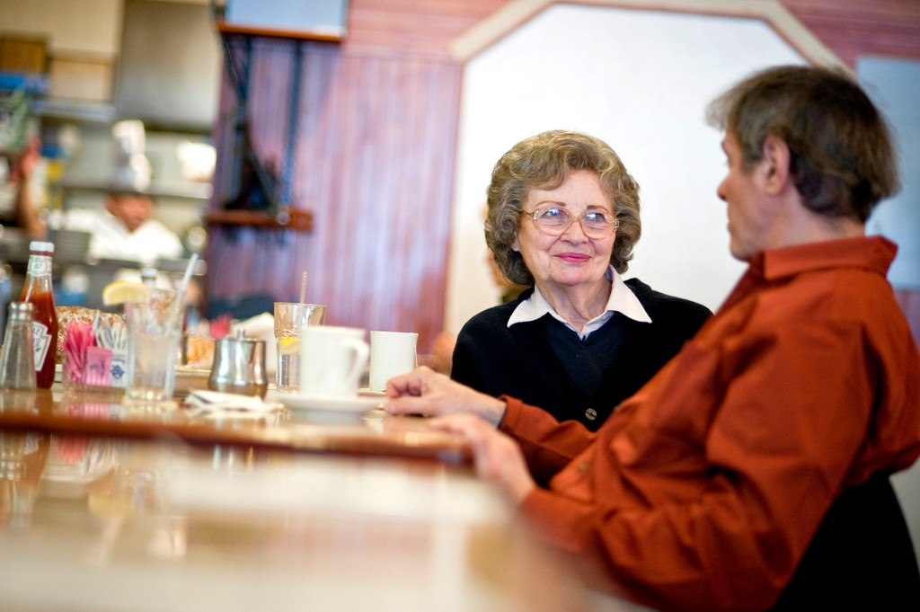 Blue Bay Restaurant regulars Dorothy Sugarman, left, and Gary Gruber chat as they enjoy their lunch on Tuesday afternoon.