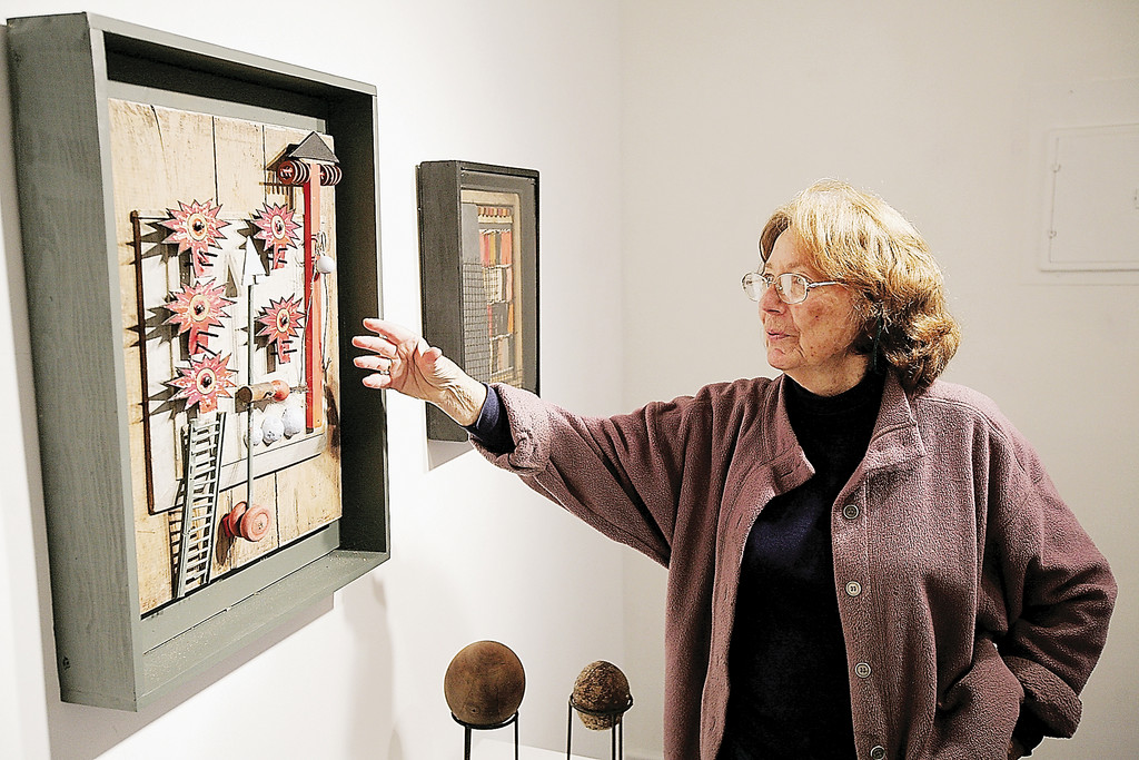 Artist Lanny Lasky discusses her mixed media piece "Circus" at the Upstream Gallery in Dobbs Ferry in 2007.