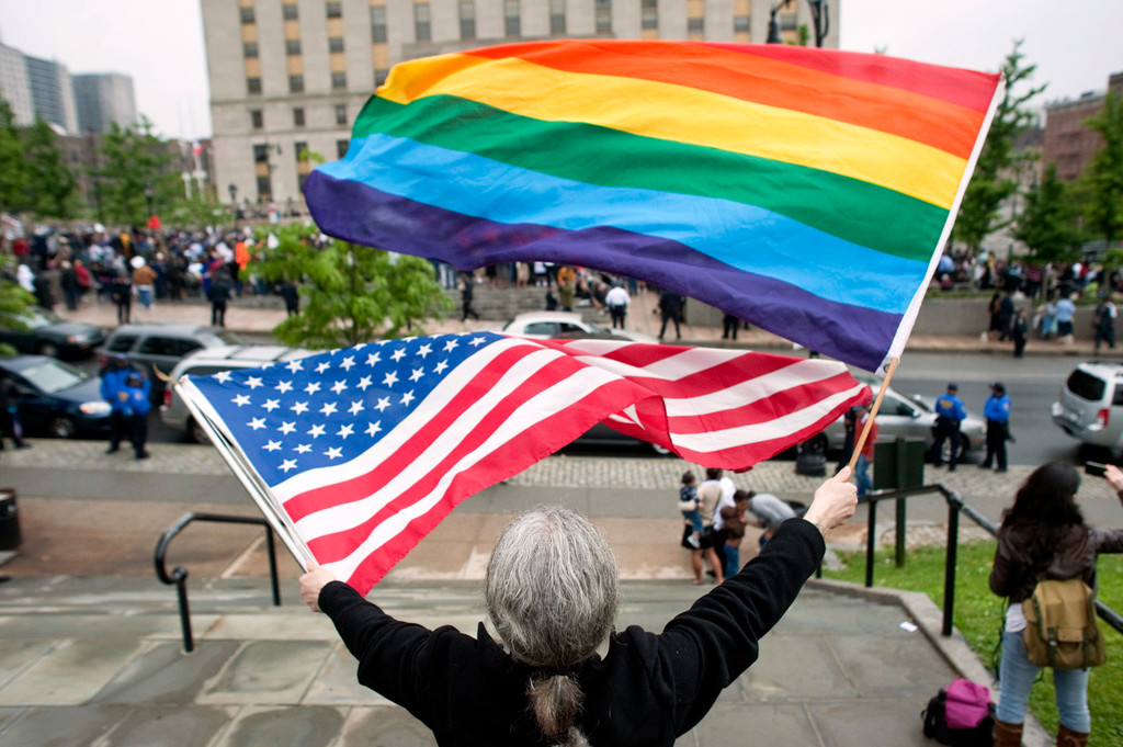 Counter-protesters rally in opposition to an anti-gay marriage rally hosted by state Sen. Ruben Diaz on the steps of the Bronx Courthouse on Sunday.