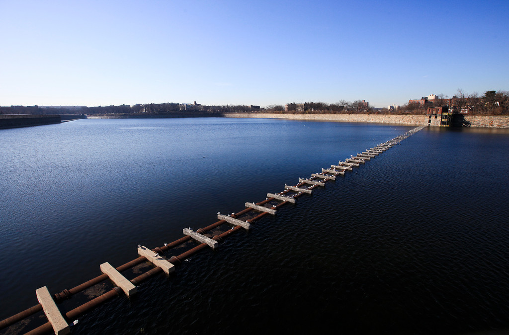 The south basin of the Jerome Park Reservoir, photographed on Dec. 9, has been temporarily filled by the Department of Environmental Protection while the agency works on the Ultraviolet Disinfection Facility in Westchester.