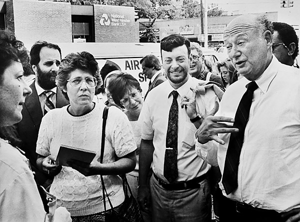 Mayor Ed Koch, accompanied by Community Board 8 chair Mark Friedlander, campaigned for re-election in 1983 on Johnson Avenue.
