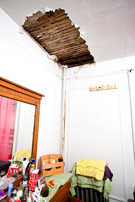 A bedroom ceiling 2241 Creston Ave. The resident says the ceiling collapsed two weeks ago.