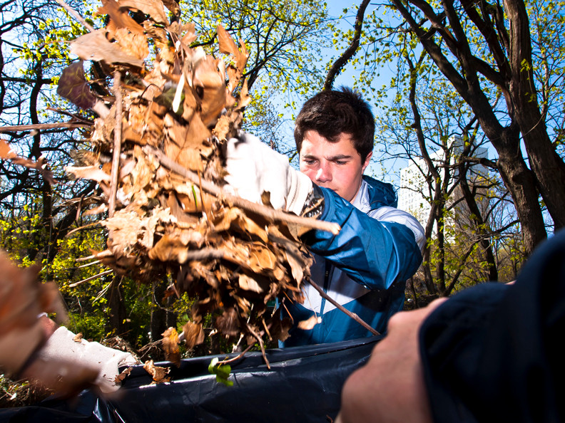 Ethan Rosenthal, 16, an RCS student, dumps a handful of dead leaves into a trash bag.