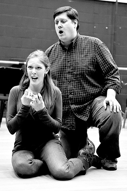 Andrew Oakden, as Germont pleads with Jennifer Moore, as Violetta in Act two in the rehearsal of Giuseppe Verdi’s ‘La traviata’ at Lehman College.