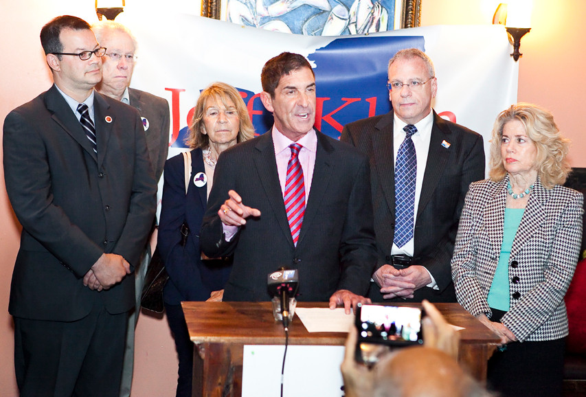 Councilman Andrew Cohen, District Leader Bruce Feld, State Committee Member Helen Morik, state Sen. Jeff Klein, Assemblyman Jeffrey Dinowitz and former Councilwoman June Eisland at a key endorsement announcement for the senator on May 16.