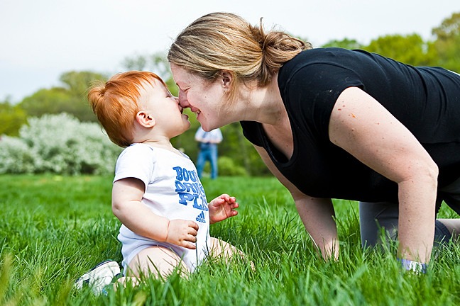 Jacob Chirch, 1and his mother Susan Chirch, 35, touch noses at the New York Botanical Gardens’ Daffodil Hill during a Mother’s Day Weekend Garden Party on Saturday.