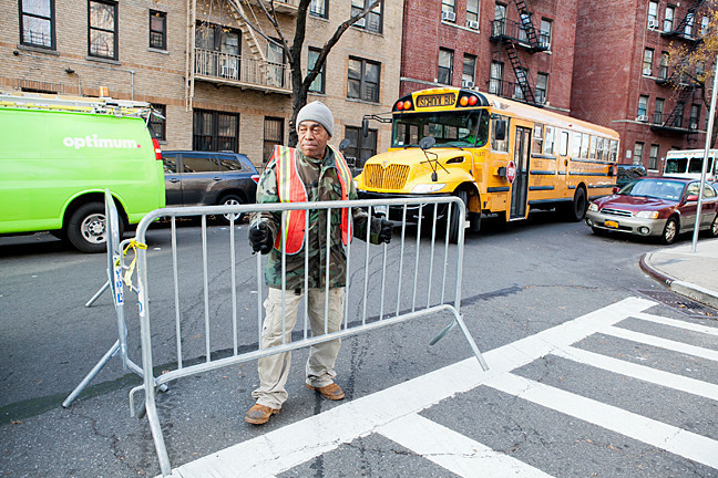 Roberto Northover, 60, volunteers his time to close the street on Webb Avenue and Eames Place near the Kingsbridge Heights school where an 8-year-old child was killed.
