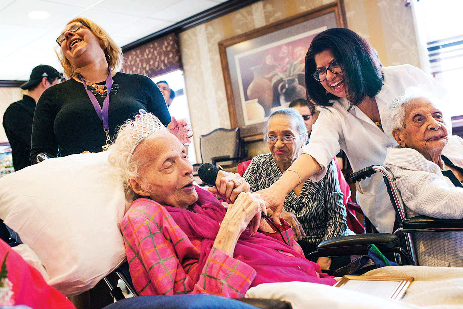 Bernice King, 108, thanks faculty and residents for attending her birthday party in the Manhattanville Health Care center in Kingsbridge, on April 15.