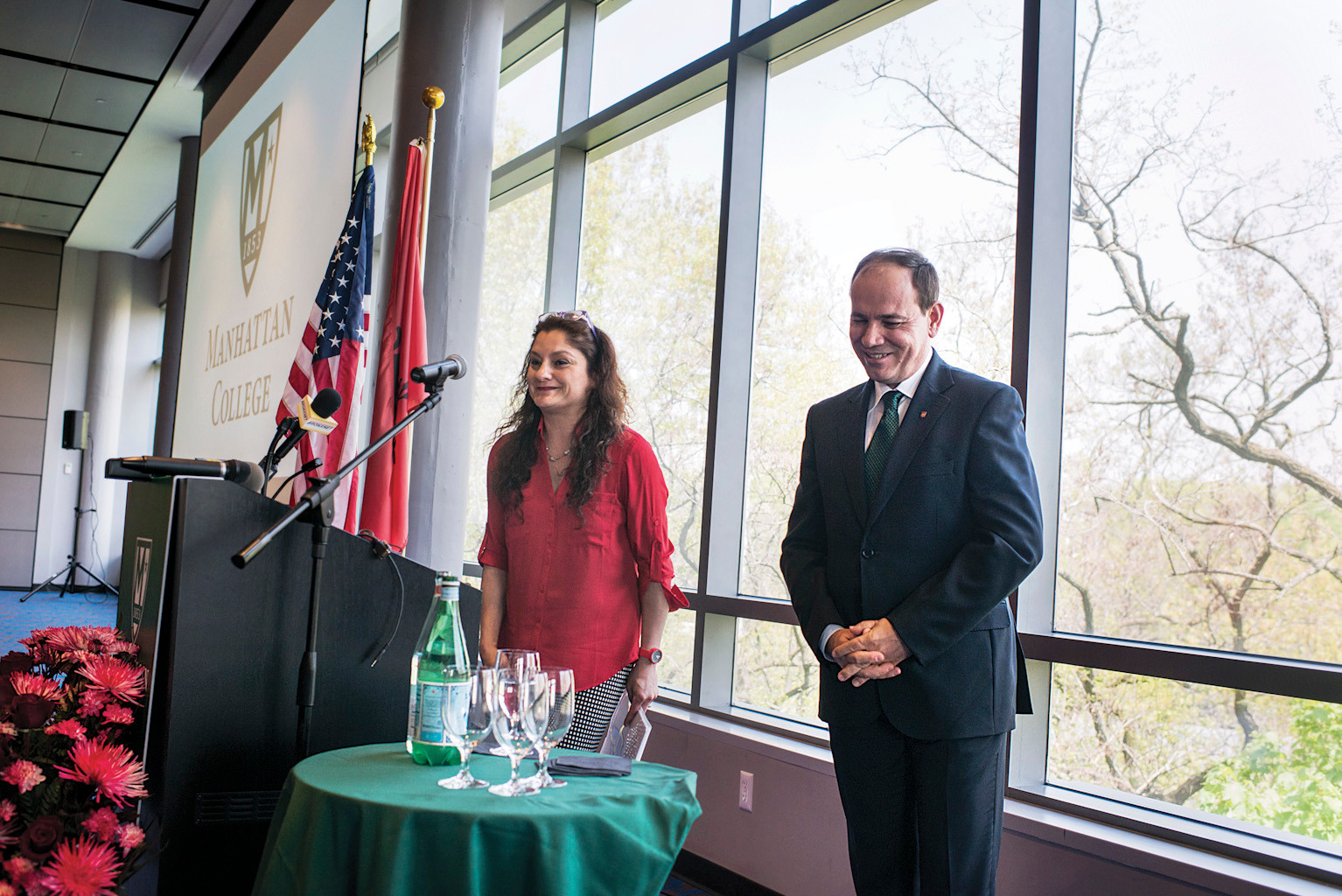 Albanian President Bujar Nishani stands with Manhattan College religious studies professor Mehnaz Afridi after giving a speech to students and faculty in the Kelly Commons.