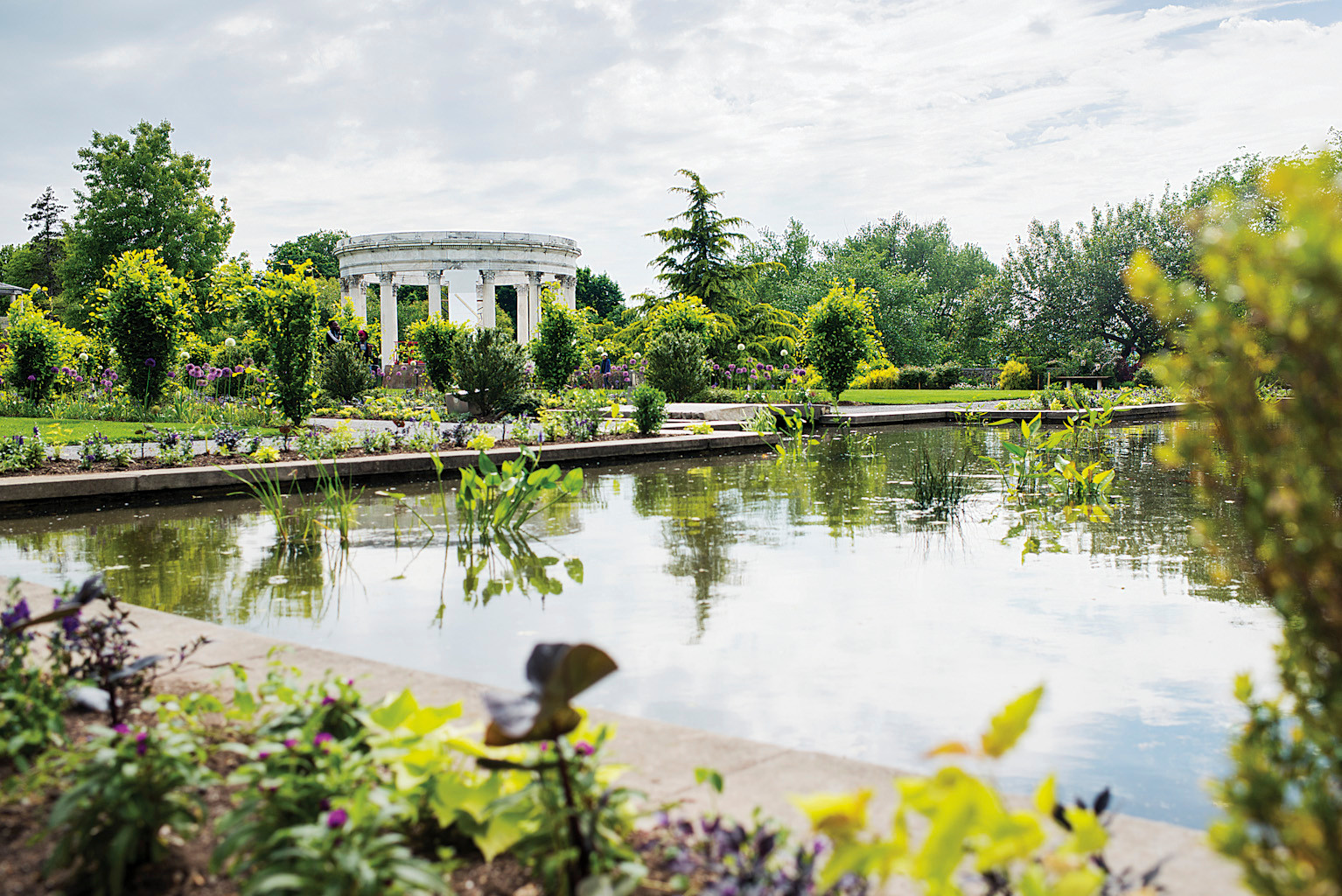 Greco-Roman columns overlook the reflecting pools in the Walled Gardens at Untermyer Park.
