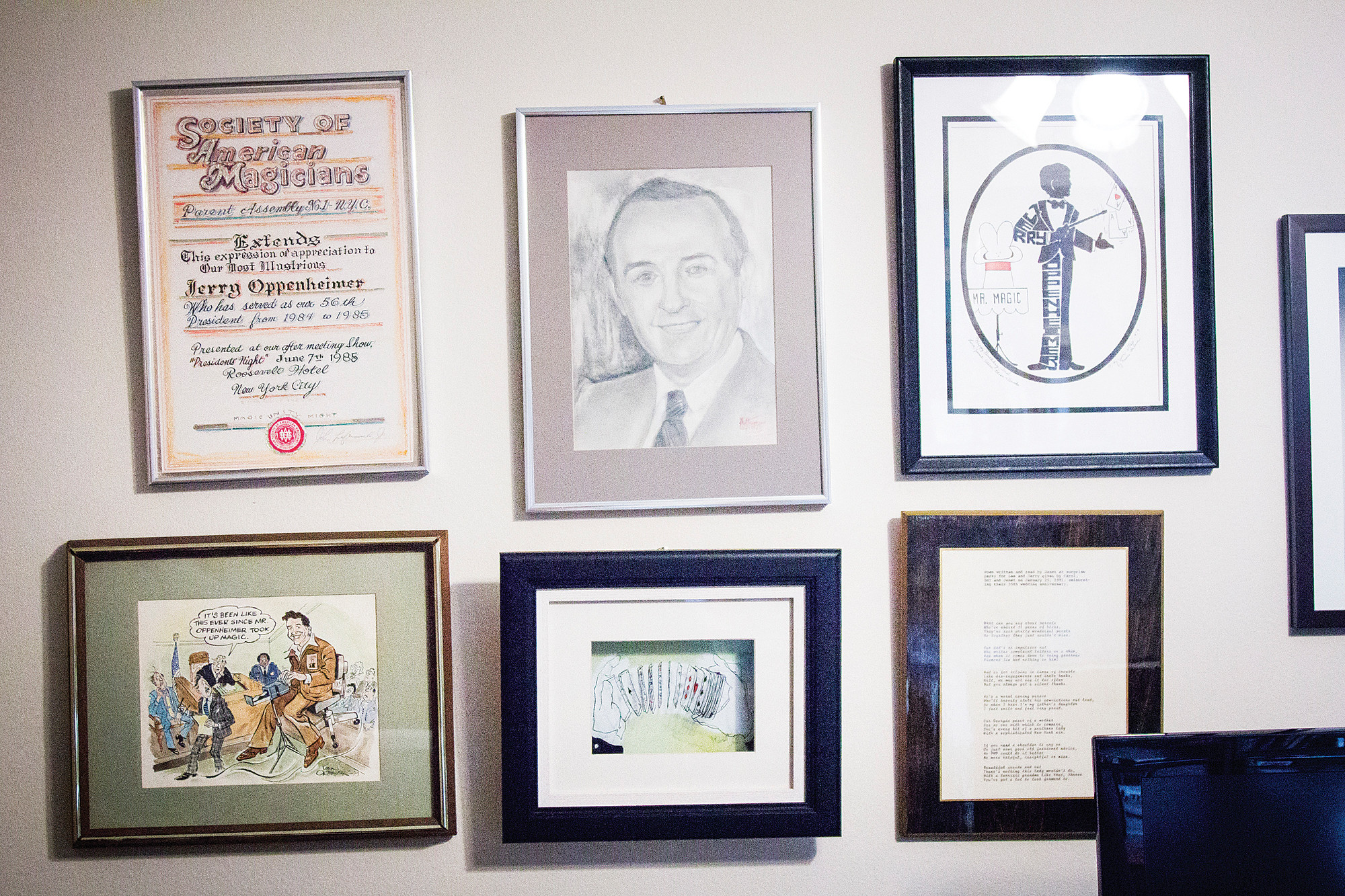 Pictures and text in the home of Jerry Oppenheimer, 93, on June 19.