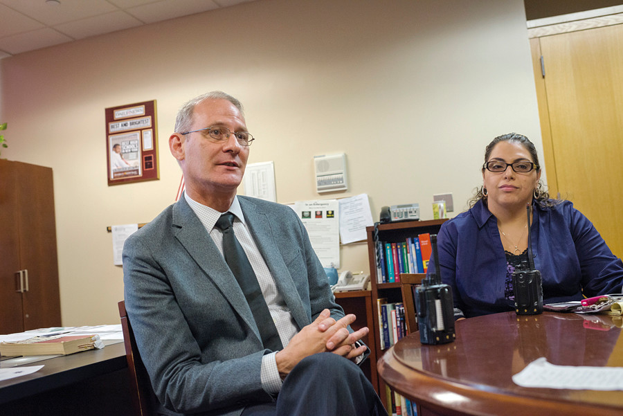IN-Tech Academy Principal Stephen Seltzer and assistant vice principal for technology Shirine Andraws speak to reporters on Oct. 5.