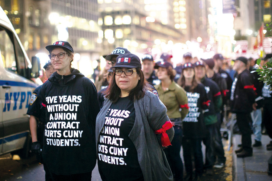 Protesters gathered in front of CUNY's midtown headquarters on Nov. 4 to advocate for a new union contract.