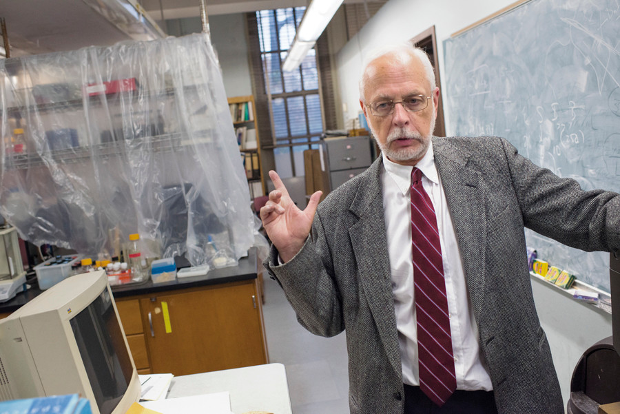 Professor Manfred Philipp from the Lehman College chemistry department speaks to reporters on Oct. 5 about the faculty protest movement for a new union contract.