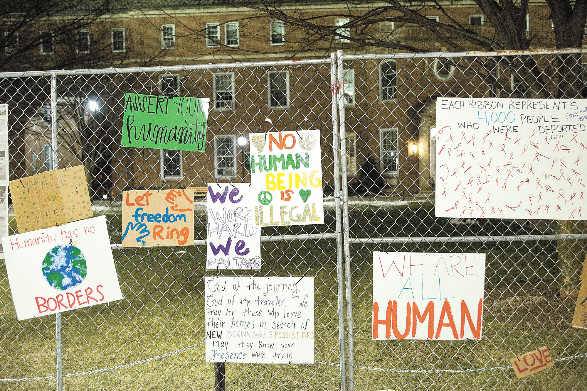 Students erected a mock border on Manhattan College’s quad to draw attention to the pope’s visit to border areas in Mexico.