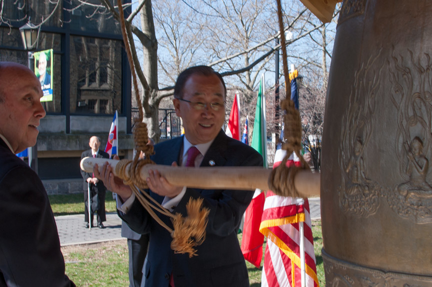 U.N. Secretary-General Ban Ki-moon rings Lehman college’s Peace Bell ahead of a March 17 speech.