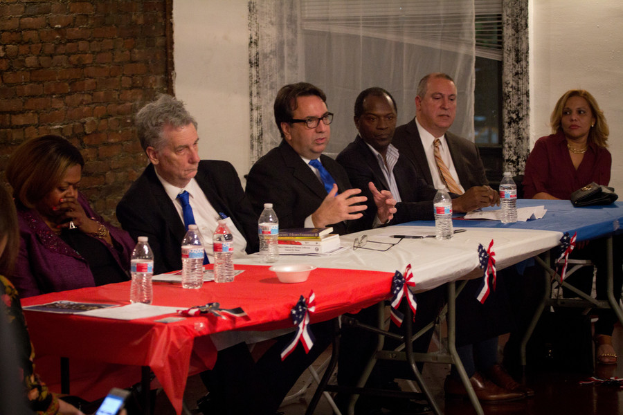 Suzan Johnson Cook, Sam Sloan, Mike Gallagher, Clyde Williams, Adam Clayton Powell IV and Yohanny Caceres at a forum for congressional candidates at a Webster Avenue church on April 29, 2016