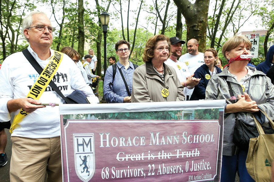Peter Brooks, Assemblywoman Margaret Markey and Joyce Fitzpatrick rally in Cadman Plaza Park before crossing the Brooklyn Bridge in support of Child Victims Act