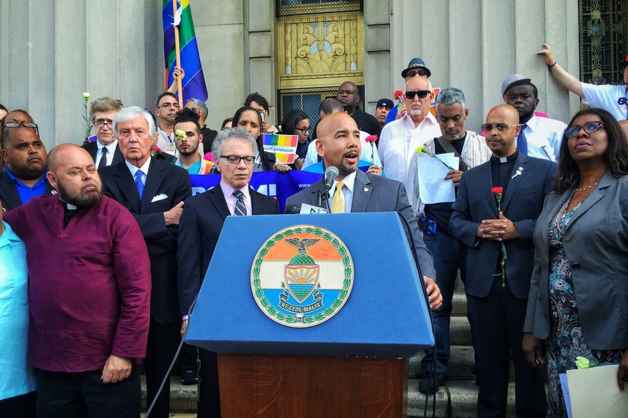 Bronx Borough President Ruben Diaz, Jr. speaks at a vigil at Bronx County Courthouse on June 15.