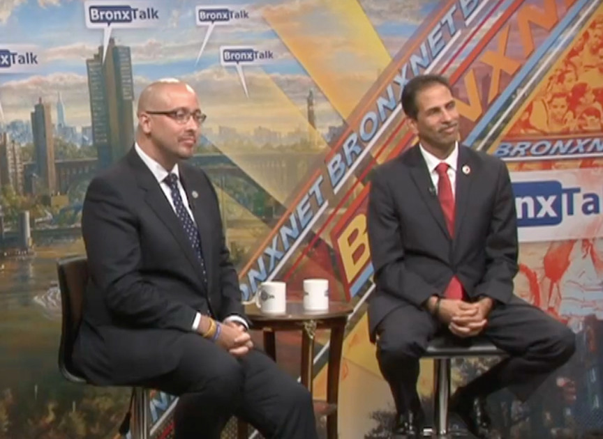 The differences between Fernando Cabrera, left, and Gustavo Rivera were apparent in their first debate on the set of BronxTalk on Monday, Aug. 15.