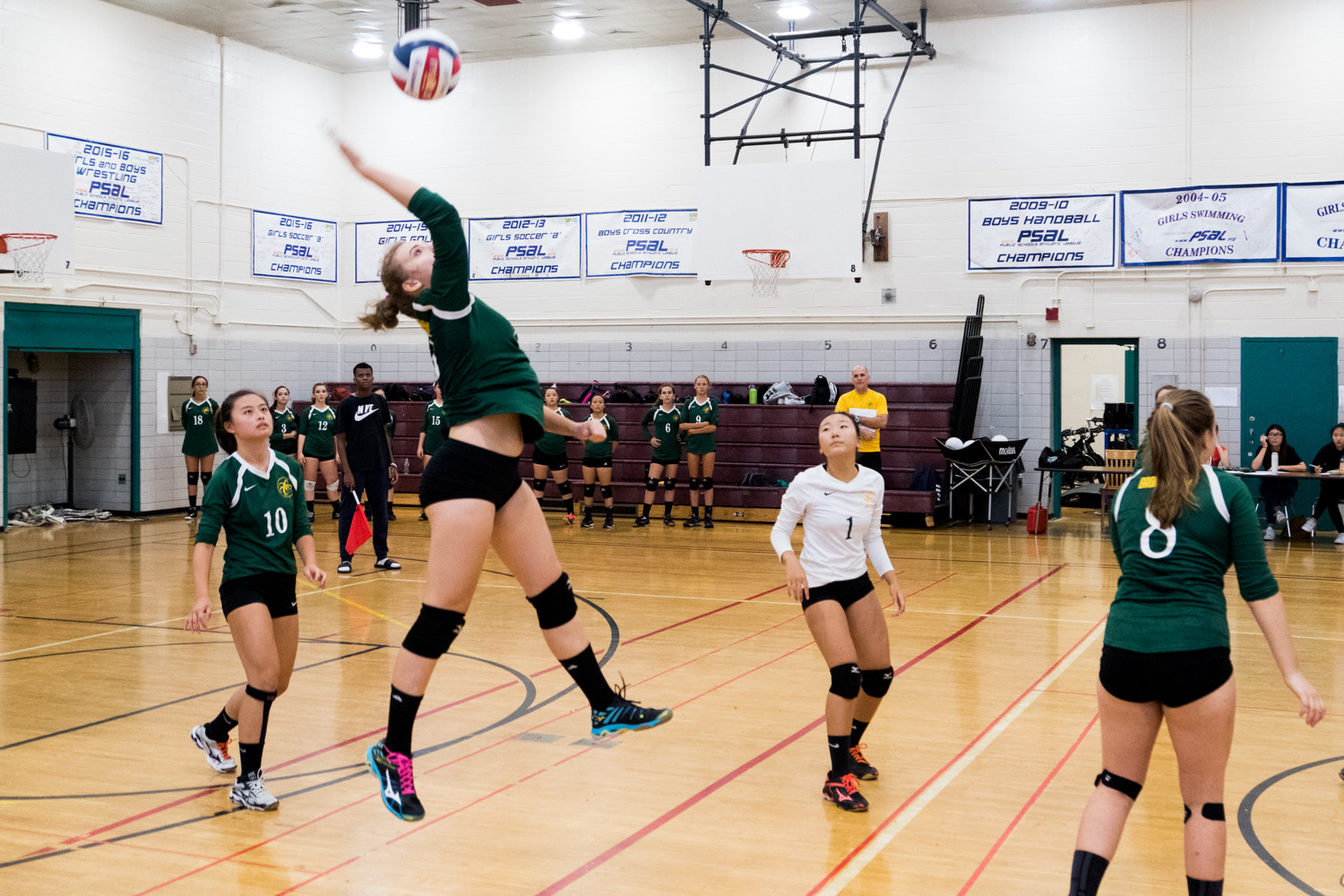 Bronx Science’s Kateryna Slinchenkova unleashes one of her eight kills in the Wolverines’ straight-set victory over neighborhood-rival Clinton last week. Science now has won 39 straight regular-season matches.