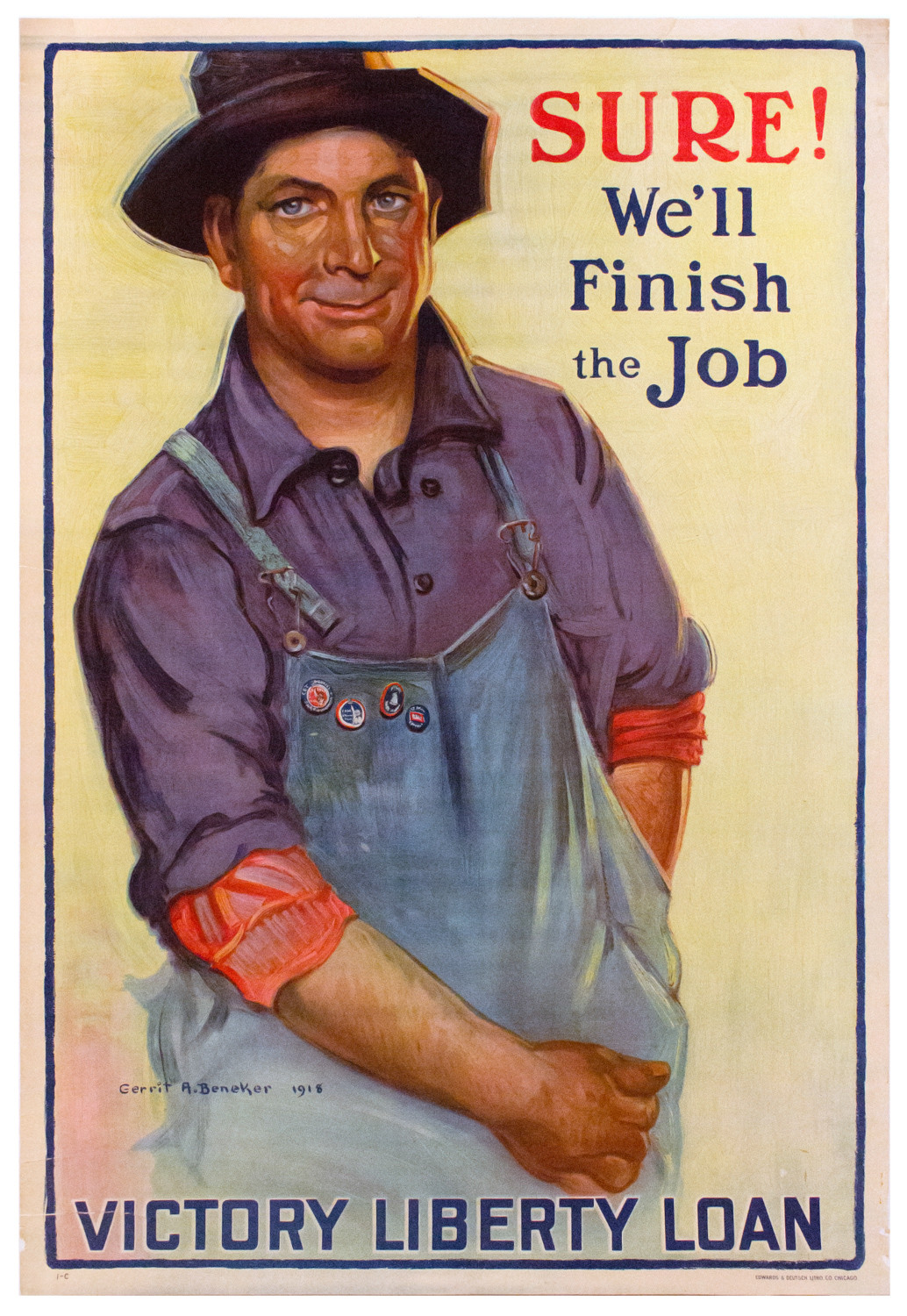 An obliging worker ready to help the United States is the face of Gerrit Albertus Beneker’s ‘Sure! We’ll Finish the Job.’ Posters like this helped the country convince people to do their part during the third year of World War I.