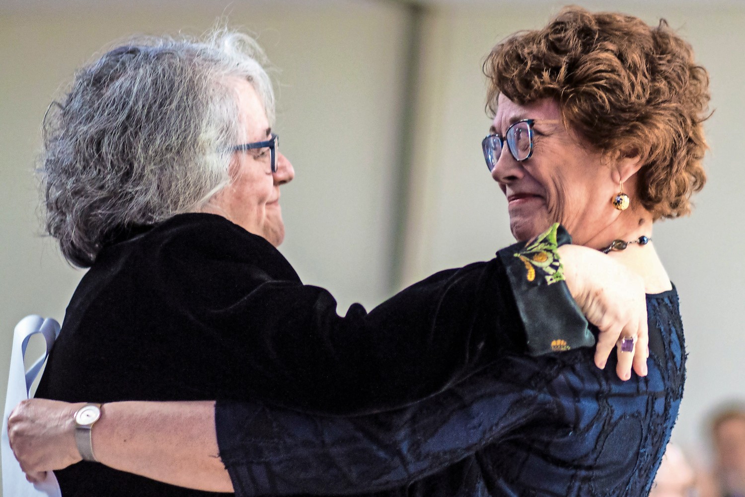 Rabbi Linda Shriner-Cahn, left, embraces Madeline Ritter, who spearheaded the search that installed Shriner-Cahn as the rabbi for Congregation Tehillah in 2008. For her 10 years of service, Shriner-Cahn and her husband David were honored during the congregation's 2018 annual gala at The Riverdale Y on Feb. 3.