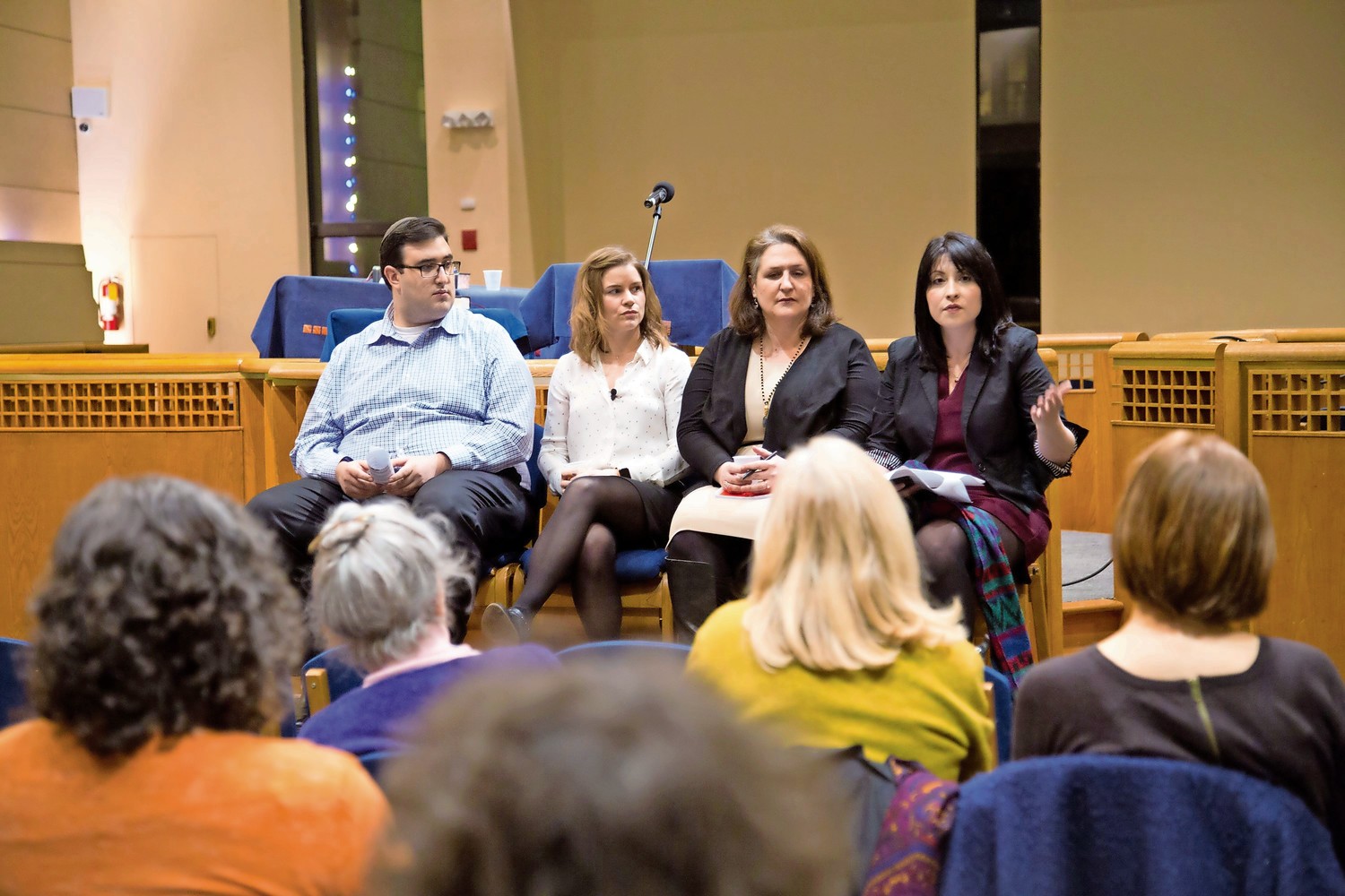 Lauren Schuster, the chief of staff for assemblywoman Linda B. Rosenthal, speaks about the importance of passing the Child Victims Act at a panel discussion at the Hebrew Institute of Riverdale.