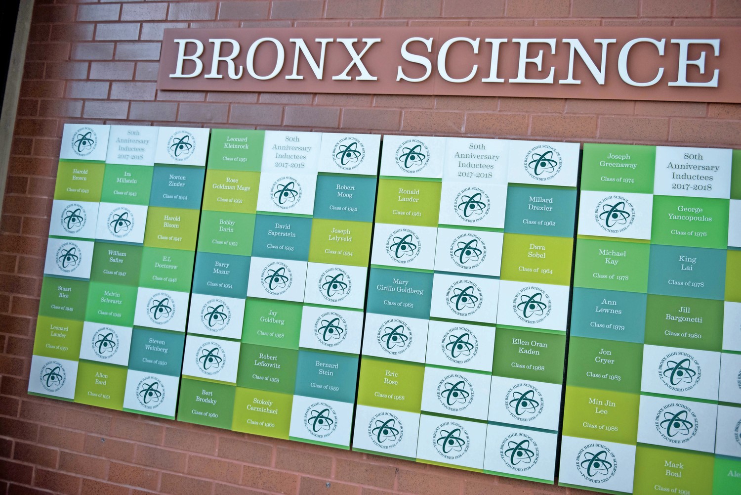 The hall of fame at Bronx Science displays the names and graduation years of notable alumni. Each alum has to come by the school to unveil his or her name.