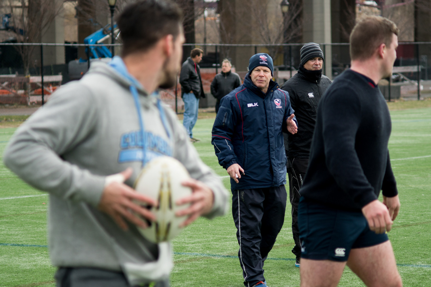 New Rugby New York head coach Mike Tolkin barks instructions to his new players at a recent practice in preparation for the team’s first exhibition schedule.