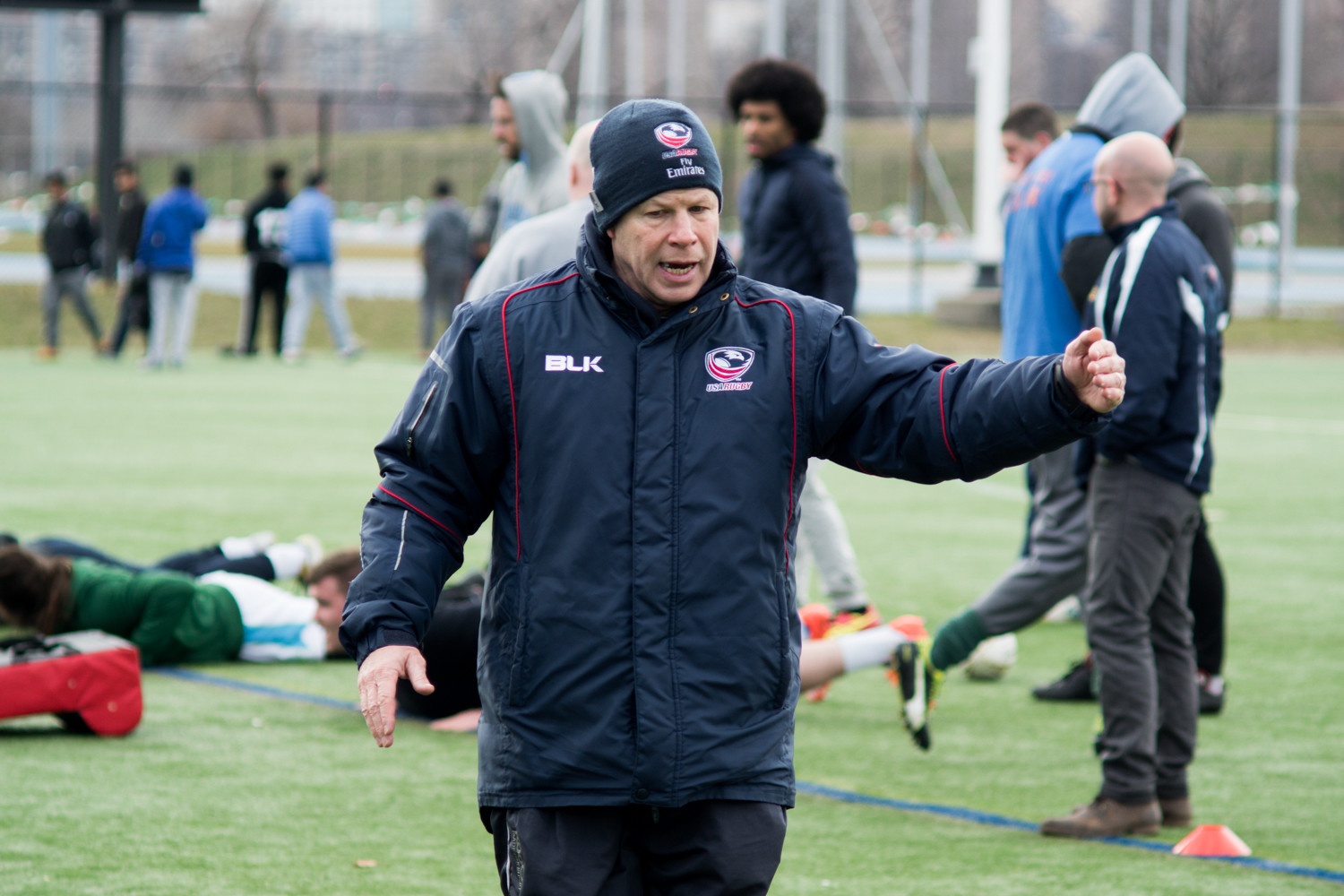 New Rugby New York United head coach Mike Tolkin, a rugby lifer, puts his new team through the paces at a recent practice.