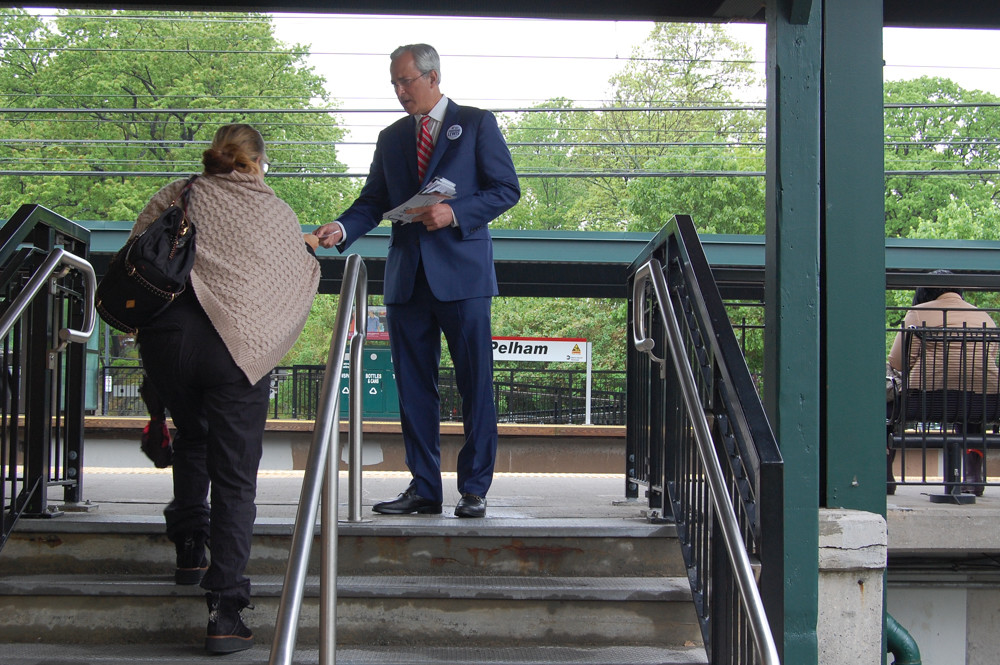 Jonathan Lewis campaigns at the Metro-North station in Pelham as he challenges U.S. Rep. Eliot Engel for his seat in New York’s 16th congressional district. Lewis claims Engel’s voice has been silenced by political action committees that have helped finance his campaign.