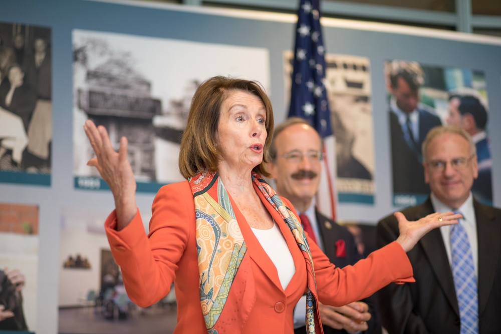 Democratic Minority Leader and former House Speaker Nancy Pelosi talks to the crowd during a press conference at the Hebrew Home at Riverdale. Pelosi made the Monday visit after hearing its praises from House colleague Eliot Engel.