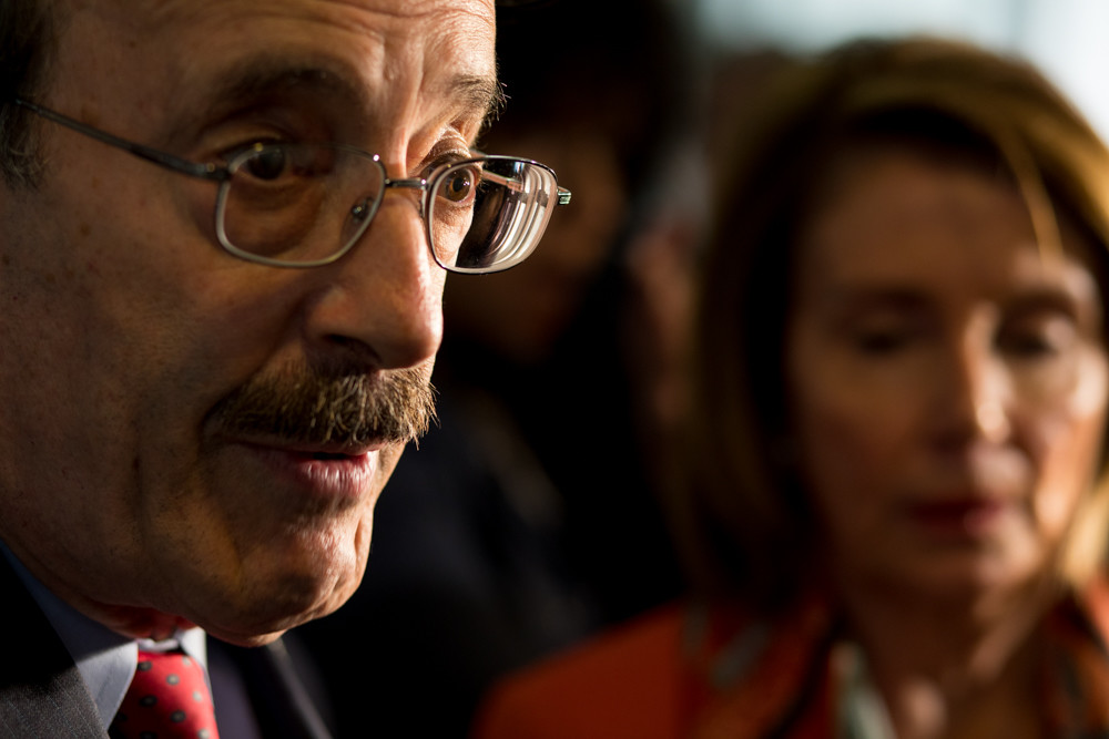 U.S. Rep. Eliot Engel responds to a question from members of the media after a press conference at the Hebrew Home at Riverdale on Monday. Engel was at the home with his boss, House Minority Leader Nancy Pelosi.
