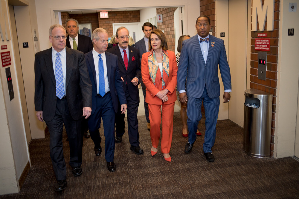 Former House Speaker Nancy Pelosi takes a tour of the Hebrew Home at Riverdale on Monday with chief executive Daniel Reingold, second from left, U.S. Rep. Eliot Engel, center, and both Assemblyman Jeffrey Dinowitz, left, and Councilman Andy King, right.