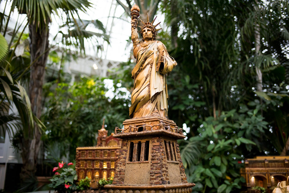 A replica of the Statue of Liberty stands tall in the final display at the New York Botanical Garden's Holiday Train Show, which pays tribute to lower Manhattan, and is on display through Jan. 21.
