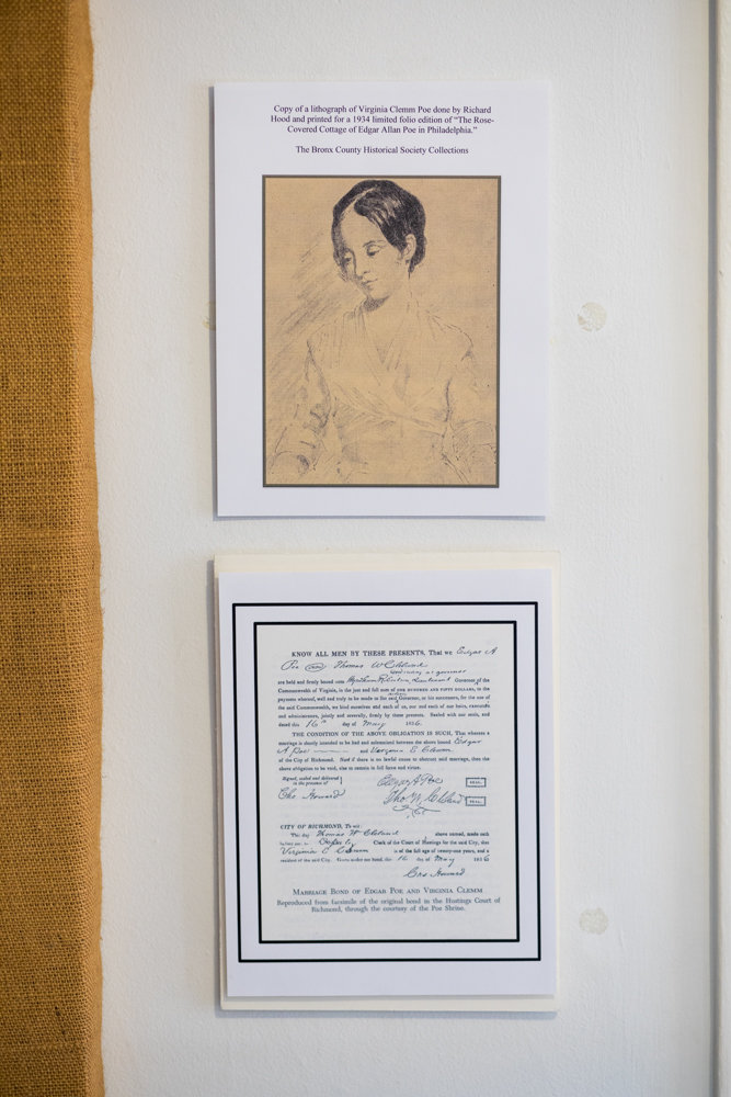 An illustration shows Edgar Allan Poe's wife and first cousin Virginia Clemm Poe above a reproduction of their marriage license. 'His Muse: The Women of Edgar Allan Poe's Life' is on display at The Bronx County Historical Society through April 7.