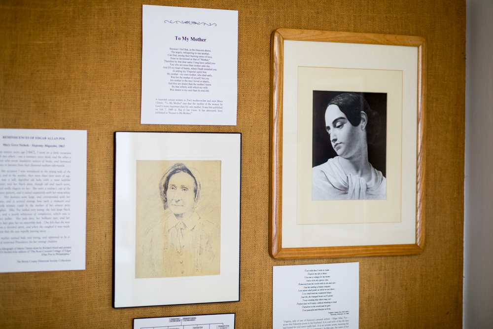 A new exhibition at The Bronx County Historical Society shows the influence women had on Edgar Allan Poe's life. At left, an illustration shows Poe's mother-in-law and aunt Maria Clemm below a poem he wrote for her. At right, an illustration shows Poe's wife and first cousin, Virginia Clemm Poe.
