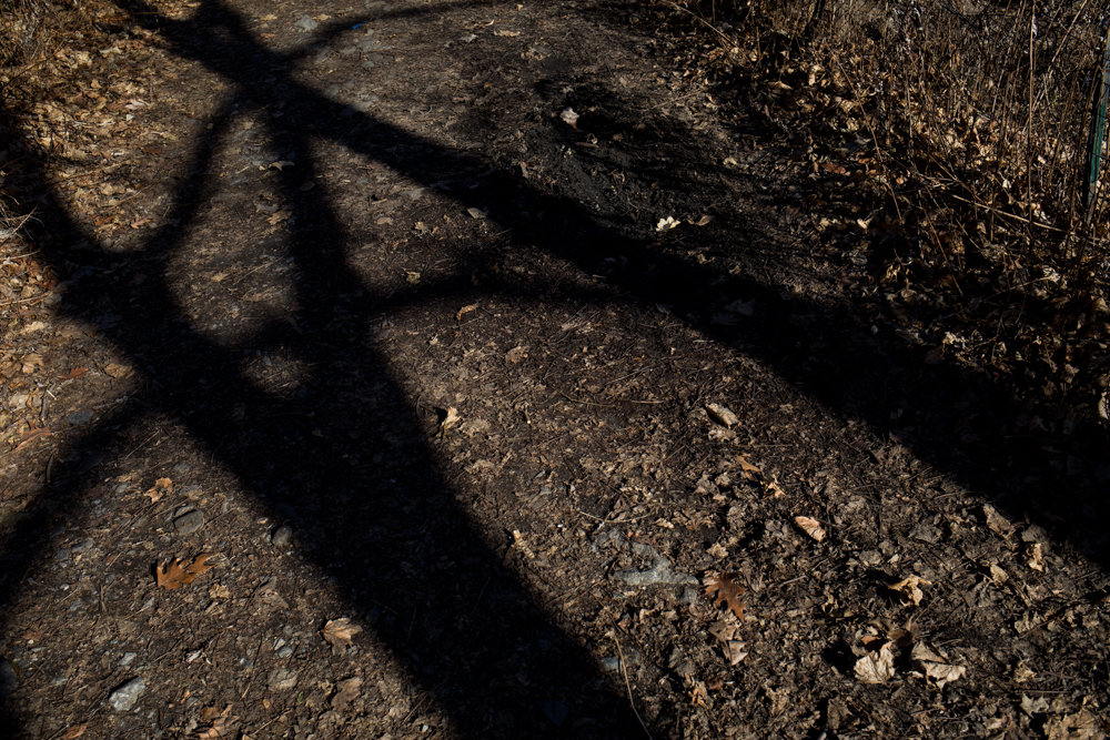 Shadows cut across the Putnam Trail in Van Cortlandt Park. The soon-to-be-paved trail touches an area where skeletons were found in the early 20th century believed to have belonged to African-American slaves.