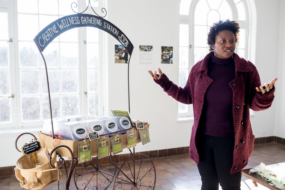 Shervone Neckles talks about her interactive art piece, 'Creative Wellness Gathering Station,' that she has worked on as part of the Winter Workspace program at Wave Hill. Visitors are encouraged to combine different types of tea for free.