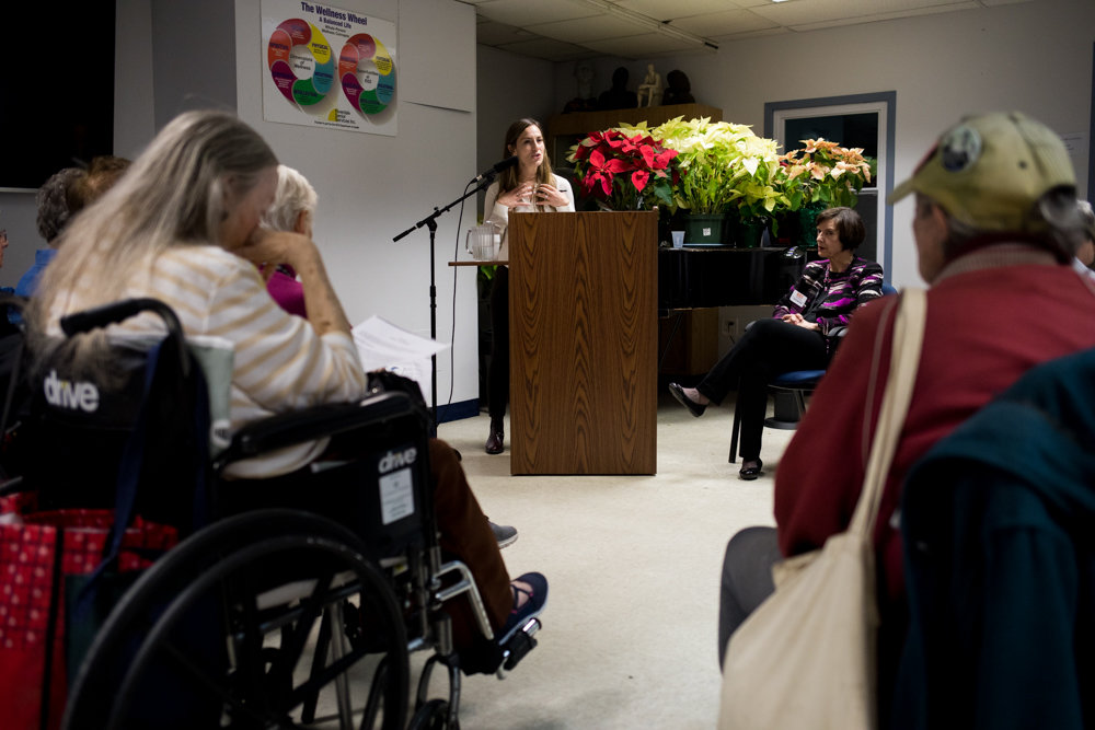 State Sen. Alessandra Biaggi speaks to senior citizens at RSS-Riverdale Senior Services about the New York Health Act, which she hopes will become law. Following her formal remarks, Biaggi fielded questions from the audience about the finer points of the proposed legislation that would bring universal health care to the entire state.